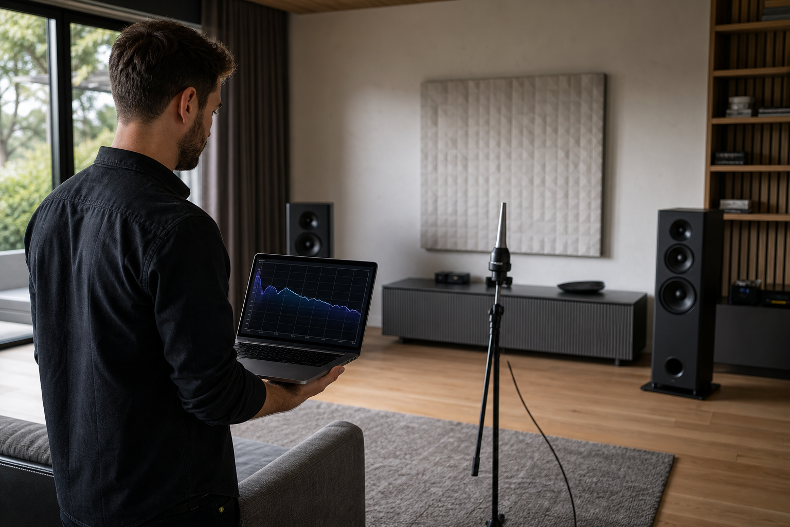 Calibration acoustique d'une pièce avec micro de mesure et analyse de courbe de réponse