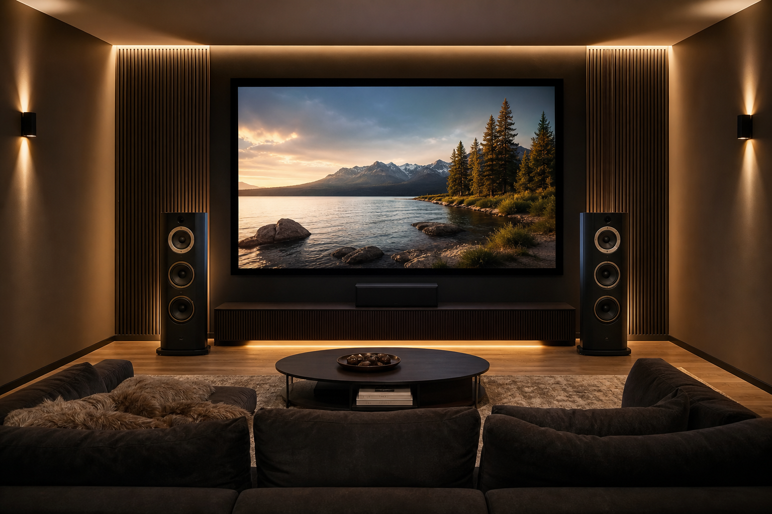 Salon home cinéma avec enceintes hi-fi et projection grand écran