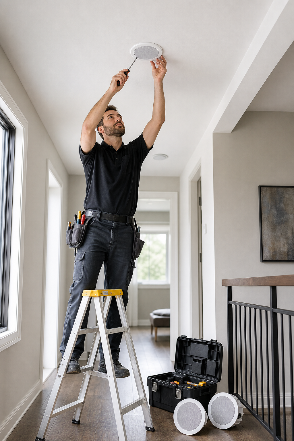 Technicien installant une enceinte encastrée pour la diffusion sonore multiroom